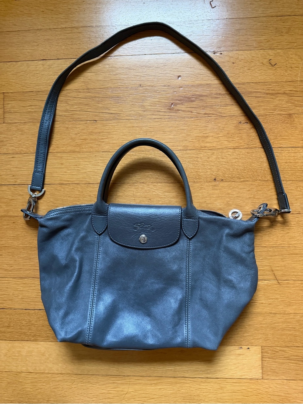 Longchamp Le Pliage Cuir Small Leather Tote/Crossbody in Grey